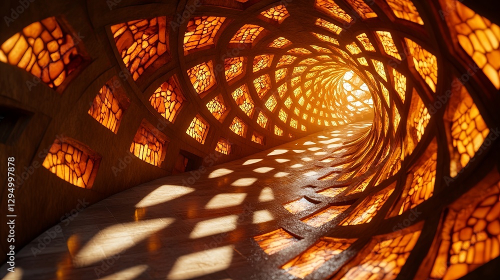 Poster intricate pattern of light cascading through a spiraled tunnel during sunset in an artistic installa