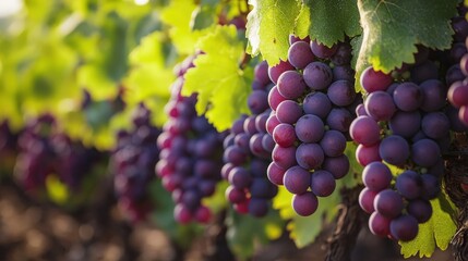 Fototapeta premium Fresh Purple Grapes Growing on Vine in Lush Green Vineyard