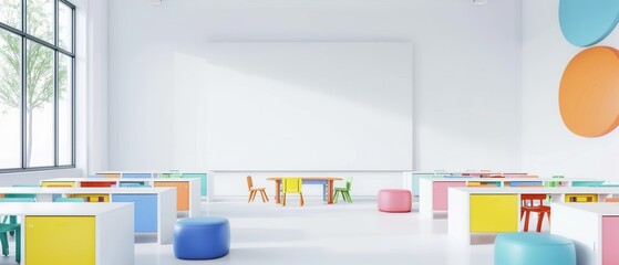 -style kindergarten classroom white walls, colorful desks, modern minimal design clean inviting atmosphere learning tools.