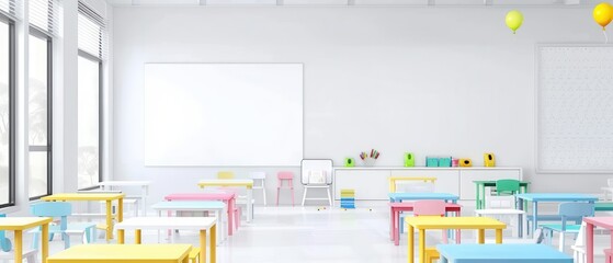 -style kindergarten classroom white walls, colorful desks, learning tools, modern design, inviting clean atmosphere.