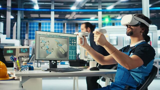 Solar panels plant specialist using VR headset to develop new technologies harnessing sun power. Photovoltaics factory researcher using virtual reality tech to improve efficiency, camera A
