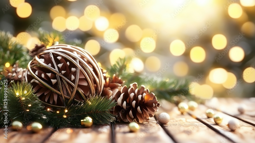 Poster pine cone arrangement on wooden table with additional pine cones and natural elements in background