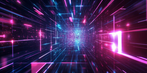 Fototapeta premium A mesmerizing 3D abstract background displaying an infinite loop of pulsating neon grids, floating in a deep cybernetic void. The immersive reflections and digital textures create a high-tech