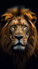 Fototapeta premium Intense close-up portrait of a lion against a dark background.