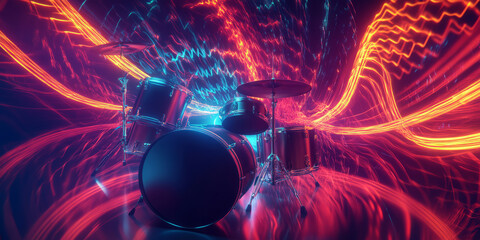 A mesmerizing 3D music background with a glowing, levitating drum set surrounded by dynamic neon waves of sound energy. The rhythmic pulses create a futuristic visualization of percussion beats and