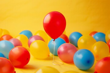 Colorful celebration with vibrant balloons in yellow background showcasing a central red balloon among blue and yellow companions
