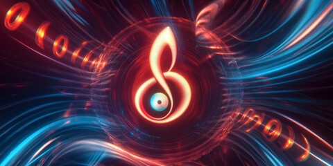 A mesmerizing 3D abstract background featuring a glowing neon treble clef at the center of a swirling vortex of sound waves. The futuristic, high-energy visualization represents the harmony of