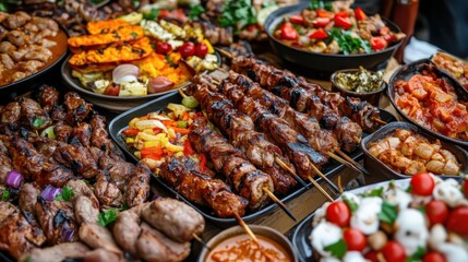 On a warm summer evening, an outdoor market comes alive, showcasing a tantalizing array of grilled meats alongside vibrant, fresh vegetables