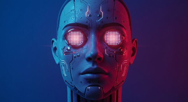 Cybernetic human face with glowing circuit patterns and futuristic elements