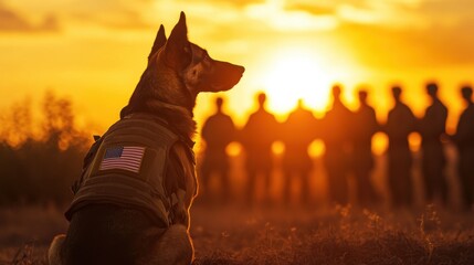 A loyal military or police K9 sits solemnly in front of a memorial site adorned with American flags, honoring fallen heroes with respect and dedication.