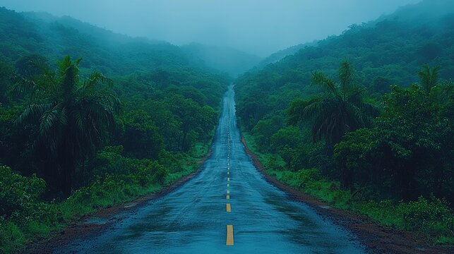 Serene wet road winding through lush green mountains under a misty blue sky at dawn