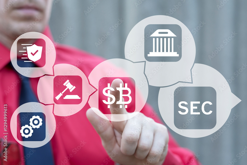 Poster business person using virtual touch screen push abbreviation: sec. concept of security exchange comm