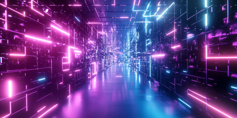 Obraz premium A surreal abstract background featuring infinite holographic neon grids forming a seamless cybernetic network. The softly pulsating reflections and smooth transitions create an immersive futuristic