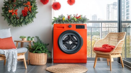 Orange washer, festive balcony, city view, holiday decor, home appliance