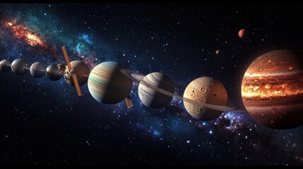 Solar system planets, spacecraft, galaxy.