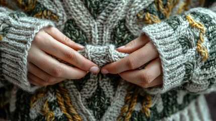 Cozy Hands Buttoning Up a Knitted Sweater in Earthy Tones, Perfect for Winter Fashion