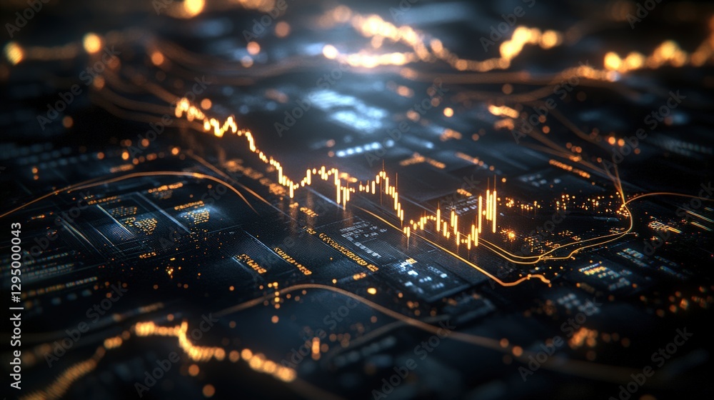 Aufkleber close up of computer circuit board with illuminated graph and digital elements in high detail