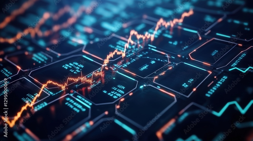 Poster close up of a computer circuit board with colorful lines and connections for technology background