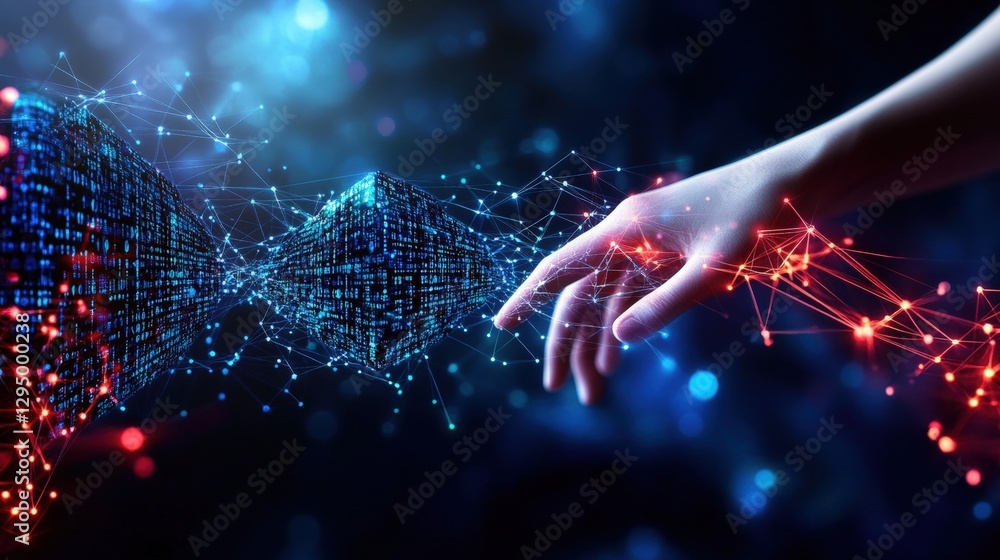 Poster hand touching digital network interface on blue background with technology concept