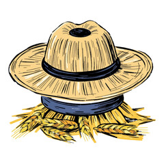 Illustration of a Farmer’s Hat with Wheat Isolated on White Background.