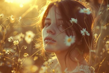 Fototapeta premium Young woman enjoying the golden hour in a flower field surrounded by daisies