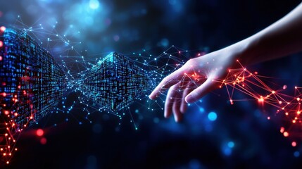 Hand touching digital network interface on blue background with technology concept