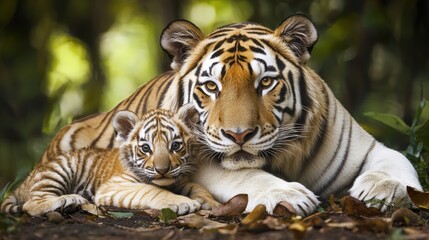 Obraz premium Mother tiger protectively cuddling her cub in a forest.