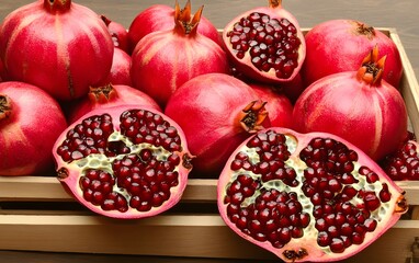 Juicy Pomegranates in Wooden Crate, Red Fruit