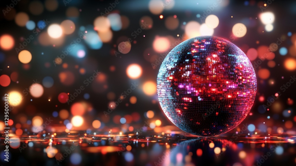 Poster disco ball on table with colorful lights reflecting in background during a party setting