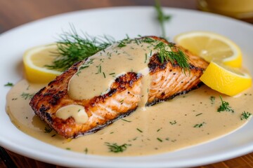 Pan-seared salmon fillet with creamy dill sauce, lemon slices, and fresh dill on a white plate