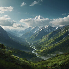 Naklejka premium Breathtaking Green Valley with Mountain Range and Winding River