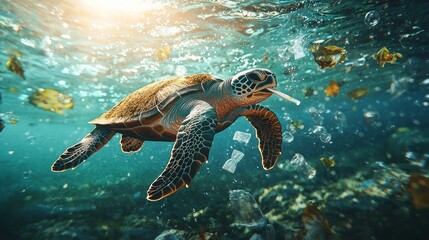 Obraz premium Turtle Swimming in Ocean with Plastic Waste