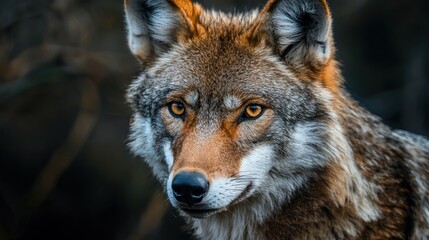 Naklejka premium Close-up portrait of a red wolf with intense amber eyes, looking directly at the camera.