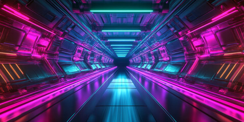 Fototapeta premium A surreal 3D abstract background showcasing a vast neon tunnel, glowing in deep cyberpunk hues. The seamless reflections and digital motion enhance the sci-fi design.