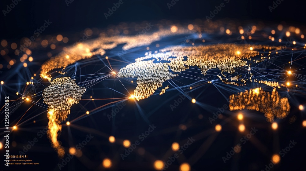 Aufkleber world map illuminated with lights and dots representing global connections and networks in a dark ba