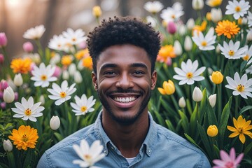 Cheerful Young Black Man in Blooming Spring Flowers and Lush Greenery
