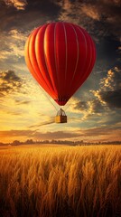 Obraz premium Red Hot Air Balloon Over Golden Wheat Field at Sunset