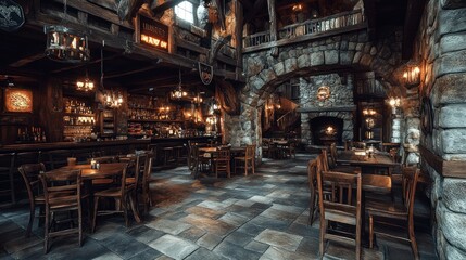 Medieval tavern interior, spacious and warm