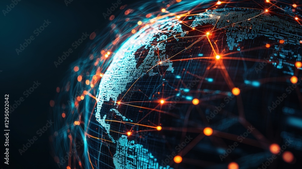 Poster globe with a network of orange and blue dots representing global connectivity and communication
