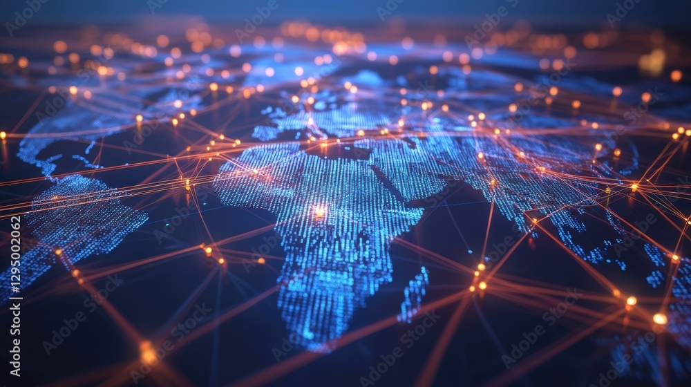 Poster world map illuminated with glowing lights representing global connections and communication