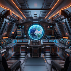 Obraz premium Futuristic Spaceship Interior with Earth View from Window