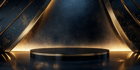 A luxury-inspired 3D background featuring a podium made of black glass, accented with shimmering gold details. The dramatic lighting and polished textures evoke a sense of sophistication and