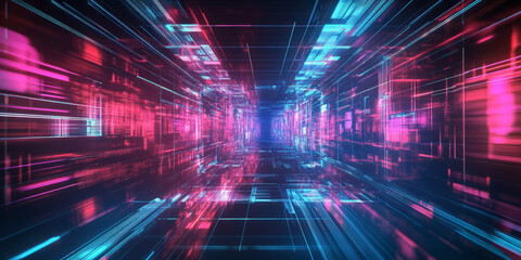 A surreal abstract background showcasing endless fractal patterns seamlessly blending into a futuristic cybernetic grid. The neon highlights and smooth transitions create a visually stunning sci-fi