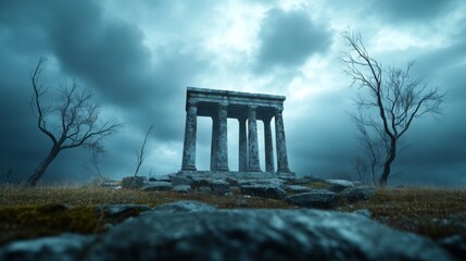 Naklejka premium Ancient ruins, stormy sky, barren landscape