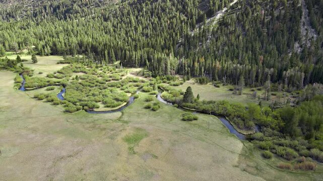 Aerial shot of a winding river running through a meadow in the Sierra Nevada Mountains in California