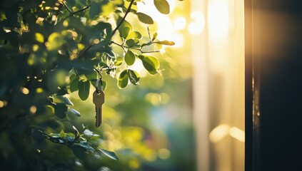 Golden key hanging on a green bush in sunlight.