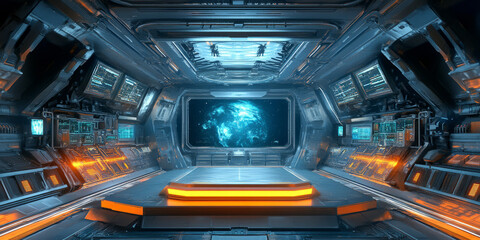 A sci-fi 3D background with a floating podium inside a massive space station. The platform is surrounded by transparent energy fields and futuristic control panels, giving an advanced technological