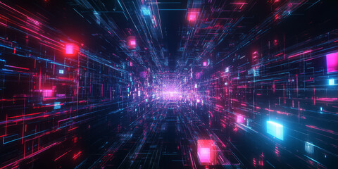 Fototapeta premium A mesmerizing 3D abstract background displaying an infinite loop of pulsating neon grids, floating in a deep cybernetic void. The immersive reflections and digital textures create a high-tech