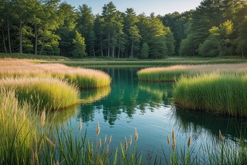Obraz premium Peaceful Summer Lake Encircled by Lush Grass in a Calming Natural Landscape