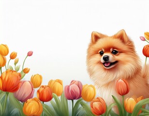 Obraz premium ポメラニアンとチューリップ フレーム